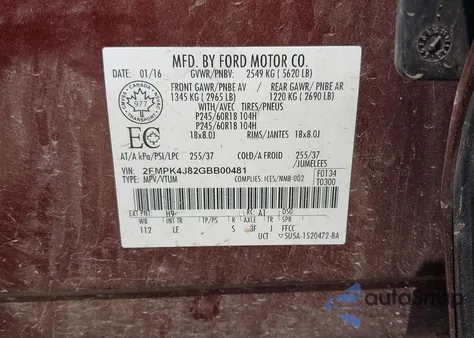 2016 Ford Edge Sel from USA, damaged, VIN 2FMPK4J82GBB00481